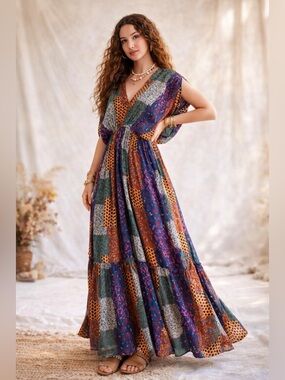 #280 🌸New! Easel Boho Multicolor Patchwork Maxi Dress
